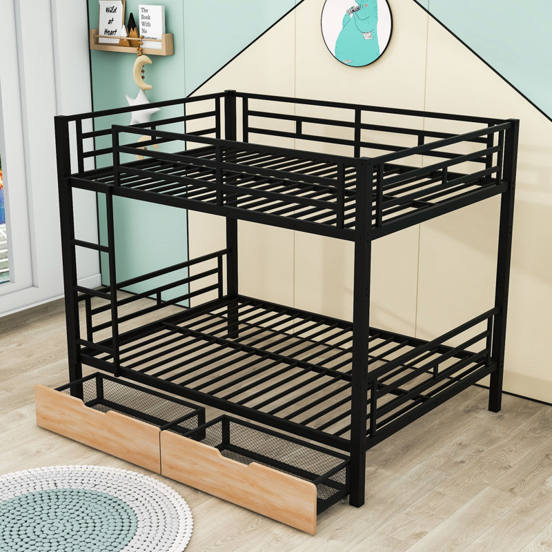 Kendry Full Over Full Size Metal Bunk Bed with 2 Drawers and Ladder